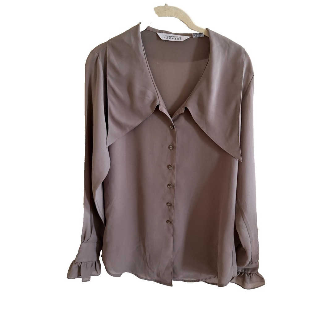 VTG COMPAGNIE INTERNATIONALE Express Linen Shirt Sz S Tan Ruffle‎ Preppy Sheer